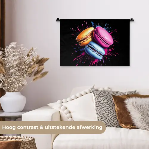 Macarons - Dessert - Graffiti - Kleurrijk - Roze - Blauw - Geel Wandkleed katoen klein -sfeer1