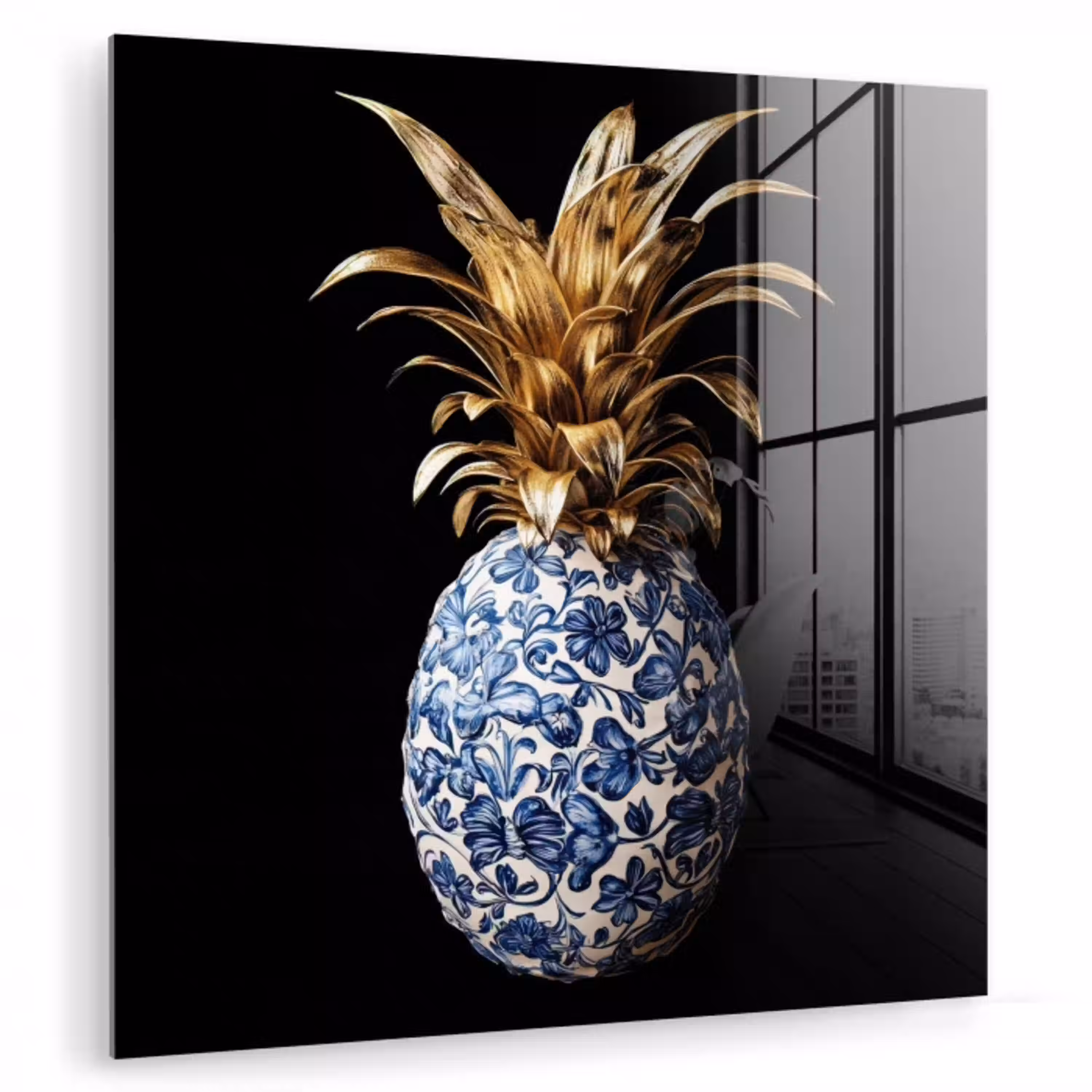 Ananas - Bloemen patroon - Goud - Delftsblauw plexiglas 5mm klein -zzzproduct_nieuw