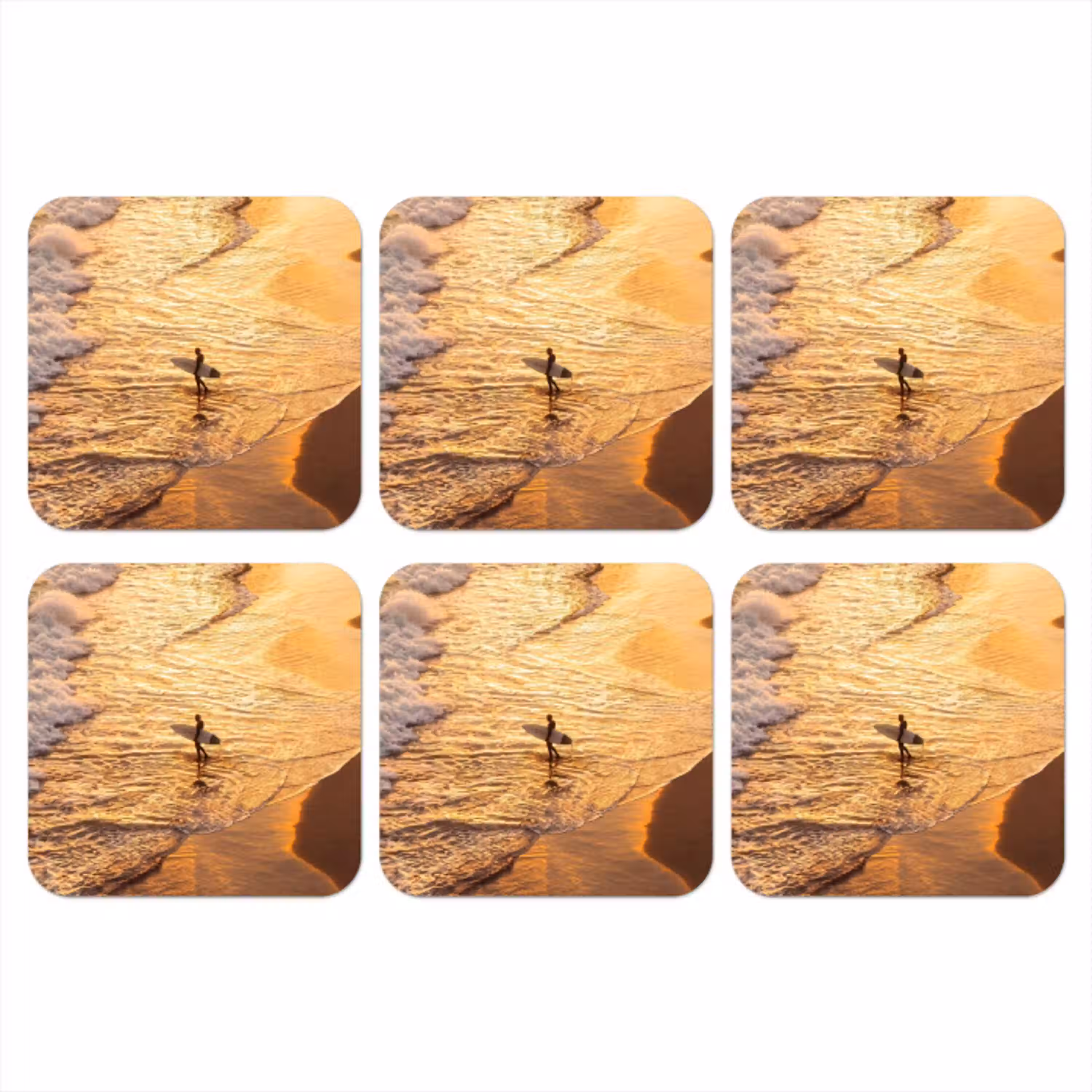 Surfer - Strand - Zonsondergang - Oceaan - Goud onderzetter kurk middel -3d