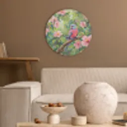 Papagaai - Hibiscusbloemen - Kleurrijk Akoestische PET Vilt - Rond klein -sfeer1