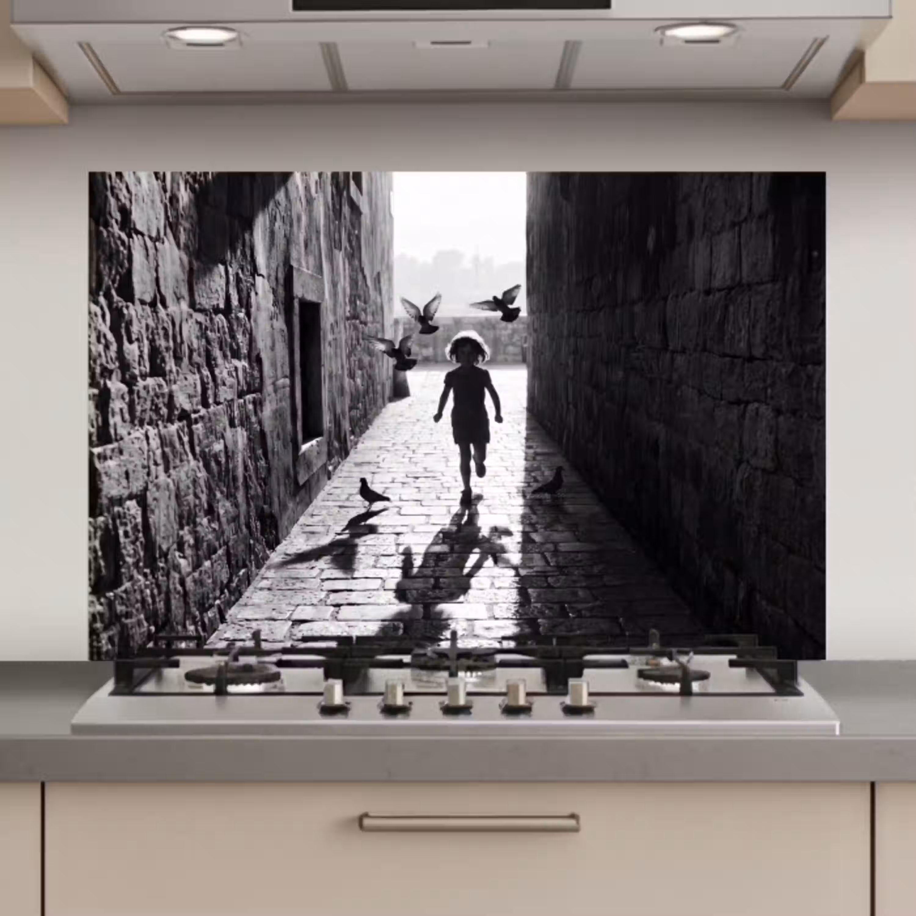 Kind - Vogel - Straat - Zwart-wit - Spelen keuken achterwand spatscherm klein -3d_website