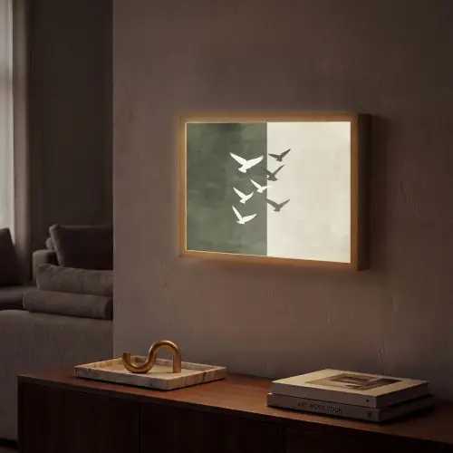 Japandi - Vogel - Groen Light Box met batterij (Wandlamp) middel -sfeer1