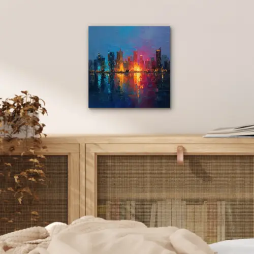 Skyline - Penseelstreken - Donkerblauw - Lichtgevend aluminium wit klein -sfeer3