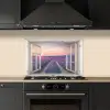 Doorkijk - Lavendel - Bloemen - Hout - Zonsondergang - Paars keuken achterwand spatscherm klein -sfeer1