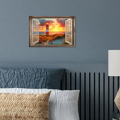 Doorkijk - Raam - Vuurtoren - Zonsondergang - Strand poster papier klein -sfeer2