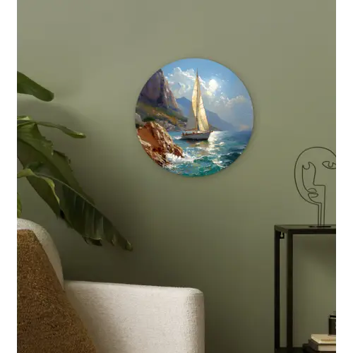 Zeilschip - Zee - Rotsen - Wolken Wandcirkel kunststof plaat 5mm dik klein -sfeer3