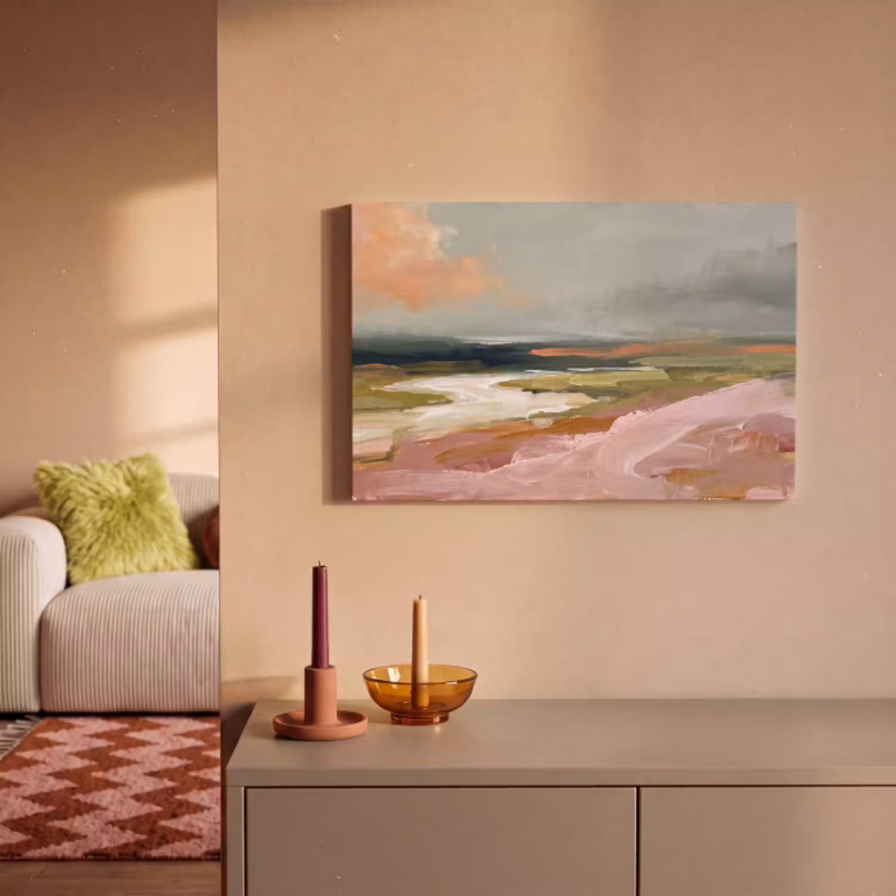 Landschap - Rivier - Abstract - Roze - Groen canvas 2cm klein -sfeer1