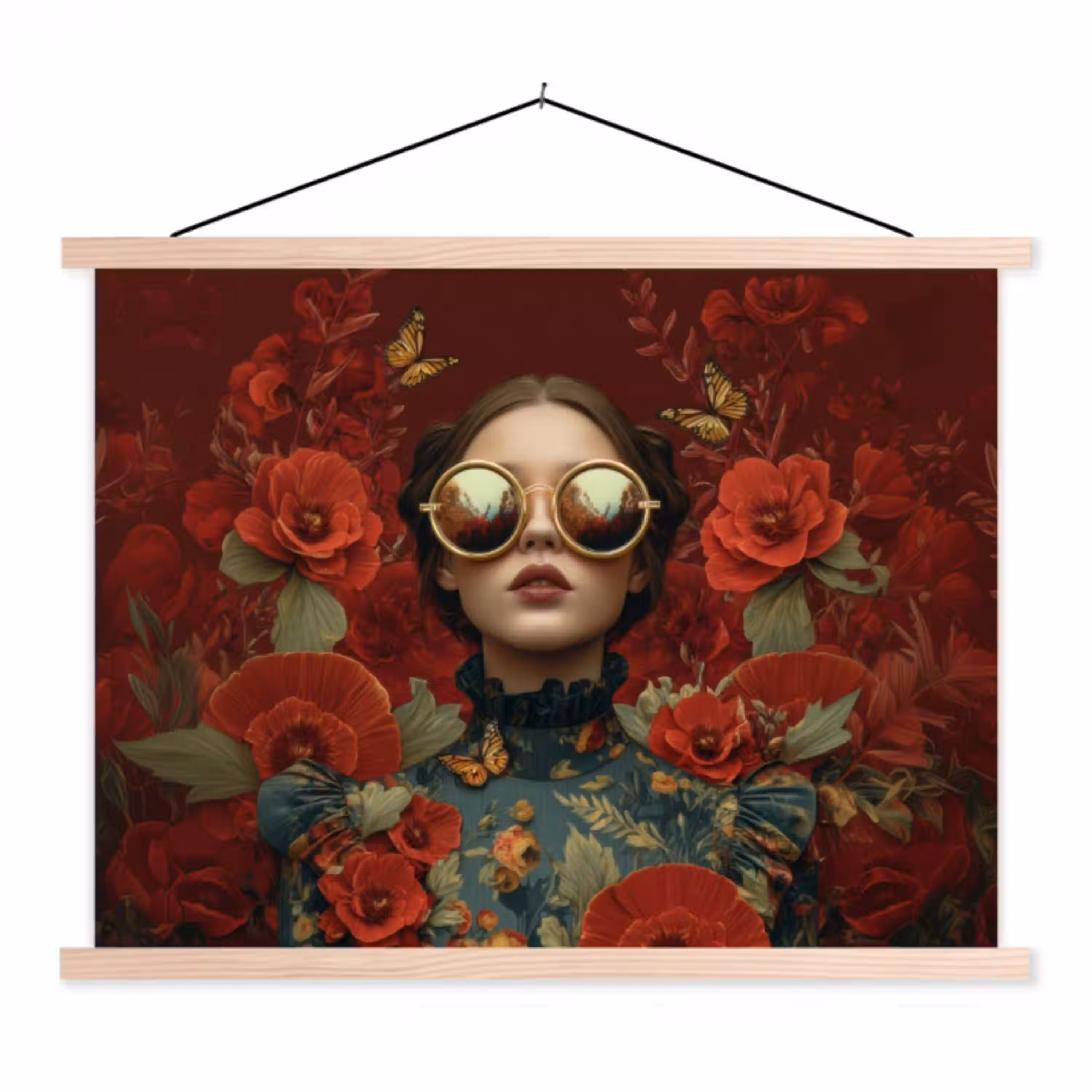 Bloemen - Dieprood - Zonnebril - Vrouw textielposter latten blank klein -3d