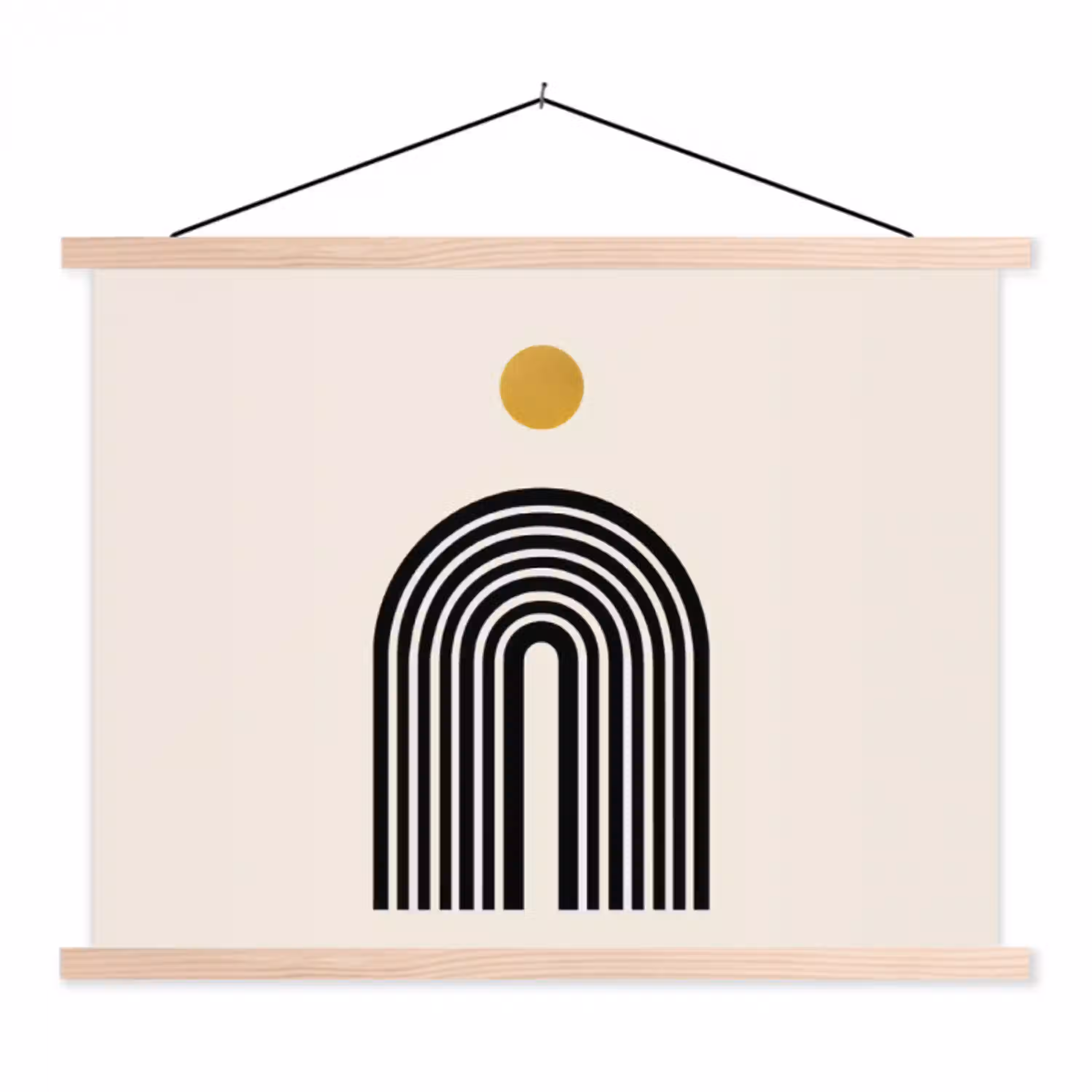 Minimalistisch - Zwarte boog - Gouden cirkel textielposter latten blank klein -3d