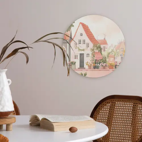 Bloemen - Huizen - Dorp Akoestische PET Vilt - Rond klein -sfeer3