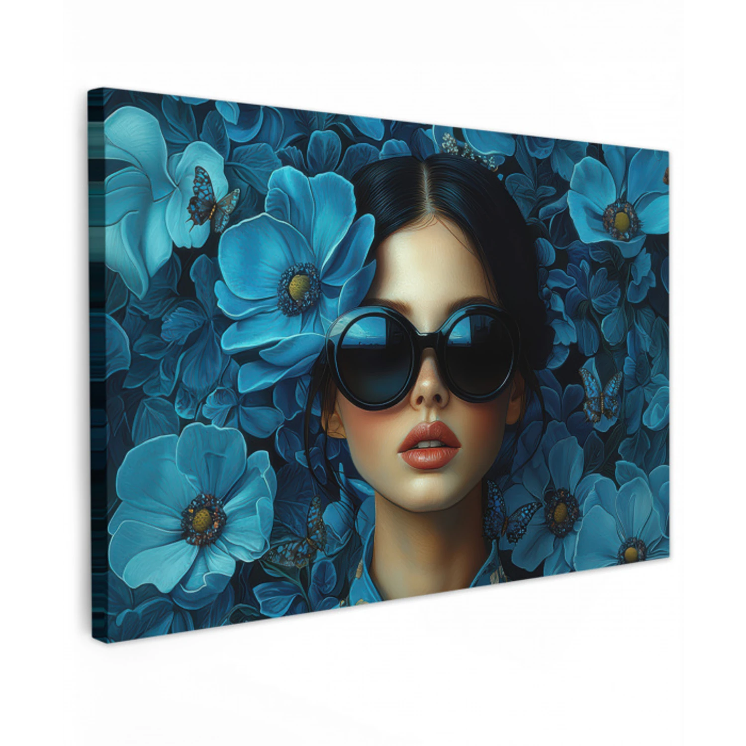 Vrouw - Bloemen - Blauw - Aesthetic - Luxe Tuinposter op houten frame 2 cm dik klein -3d