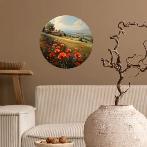 Klaprozen - Rood - Heuvels - Landschap Wandcirkel behangsticker klein -sfeer1