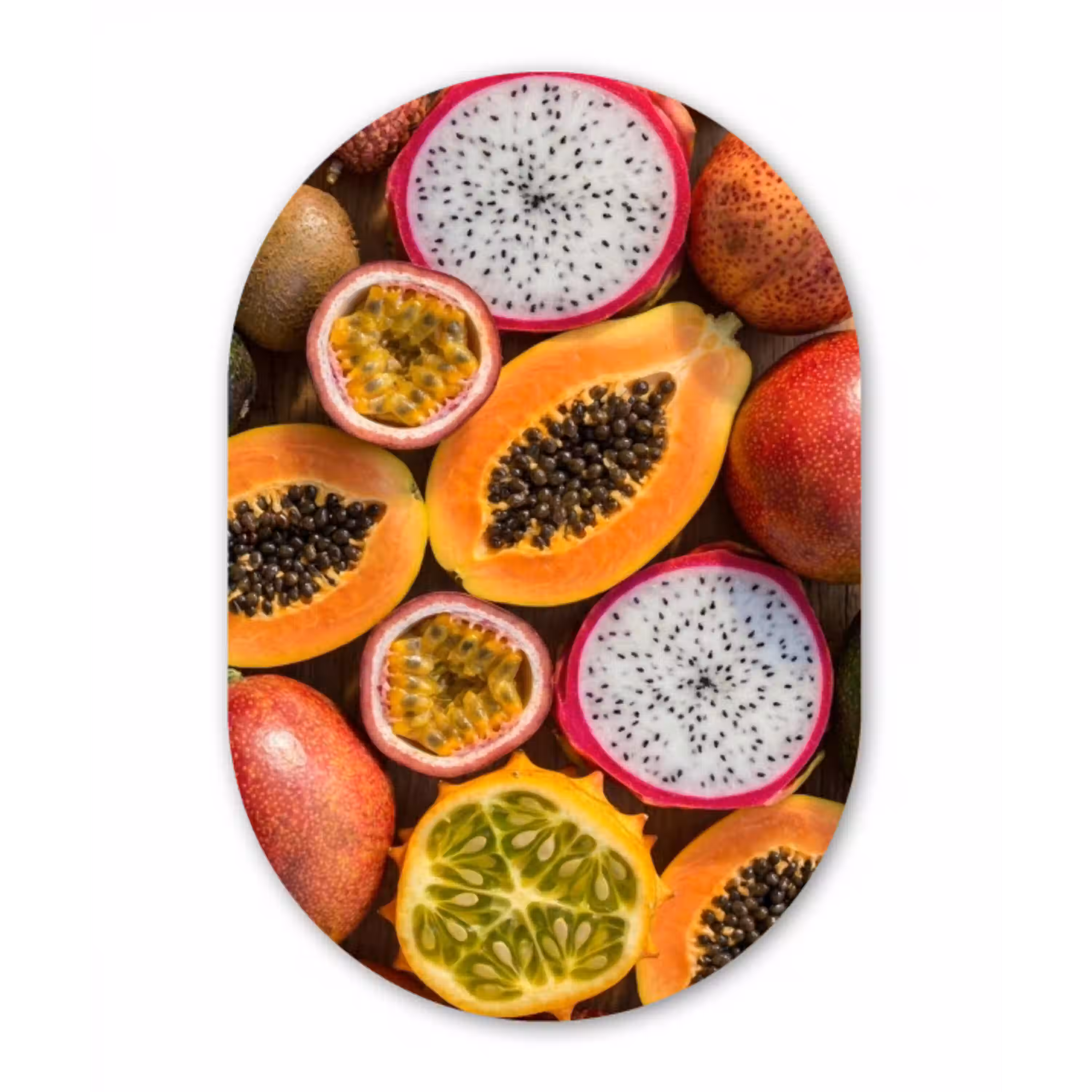 Fruit - Geopend - Tropisch - Eten - Kleurrijk Wandcirkel Ovaal Aluminium middel -3d