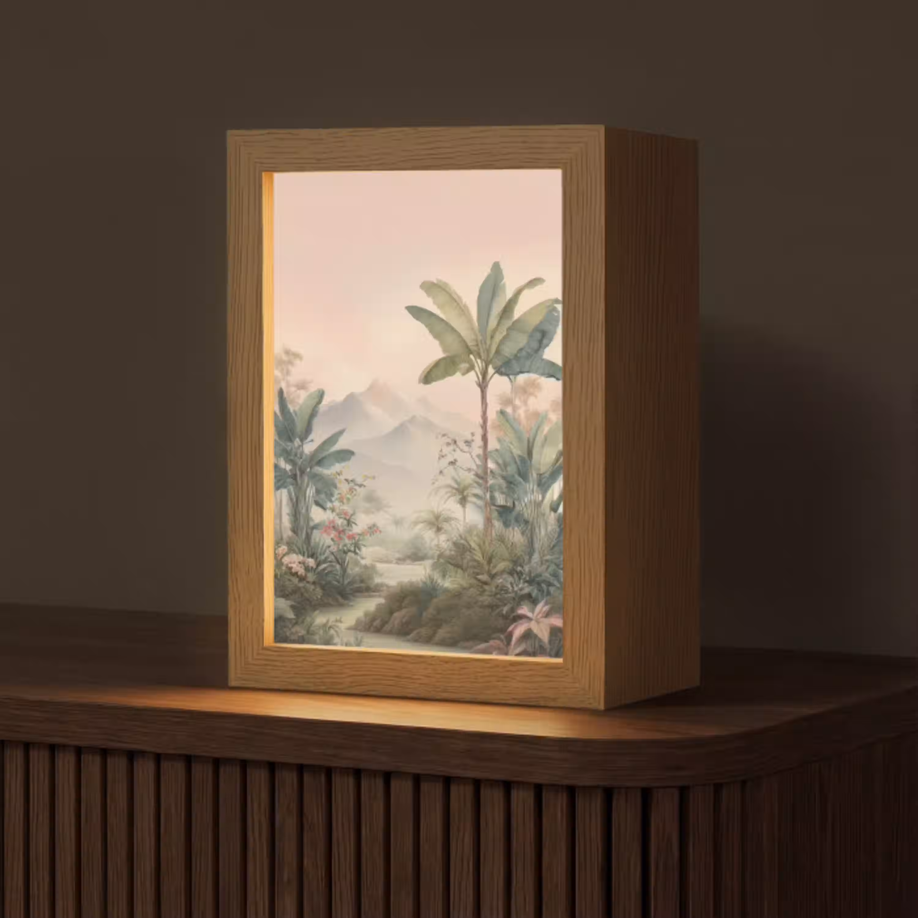 Tropisch landschap - palmbomen - Bloemen - Roze lucht Light Box met kabel (Tafellamp) klein -z3d_website