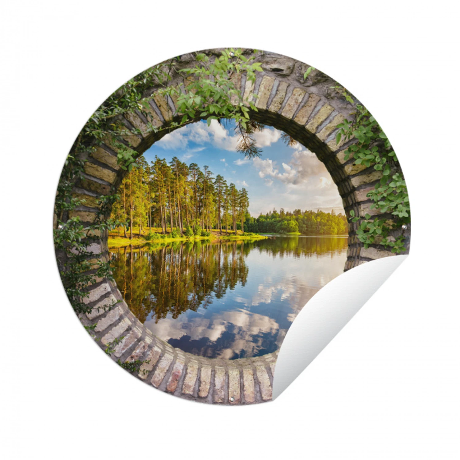 Bomen - Water - Doorkijk Wandcirkel tuinposter met ringen klein -3d