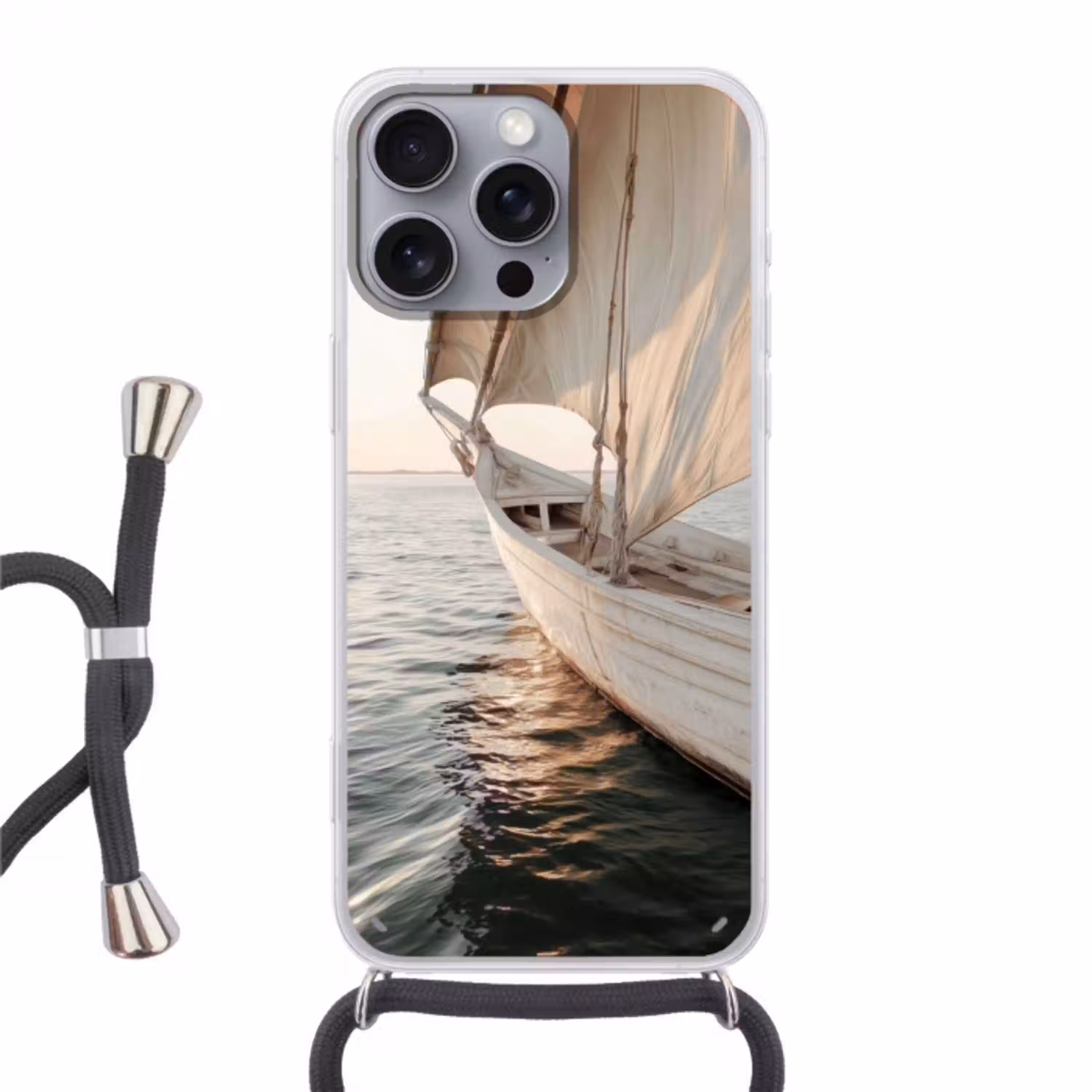 Zeilboot - Zee - Beige - Zon Hoesje iPhone 16 Pro Max met koord klein -3d