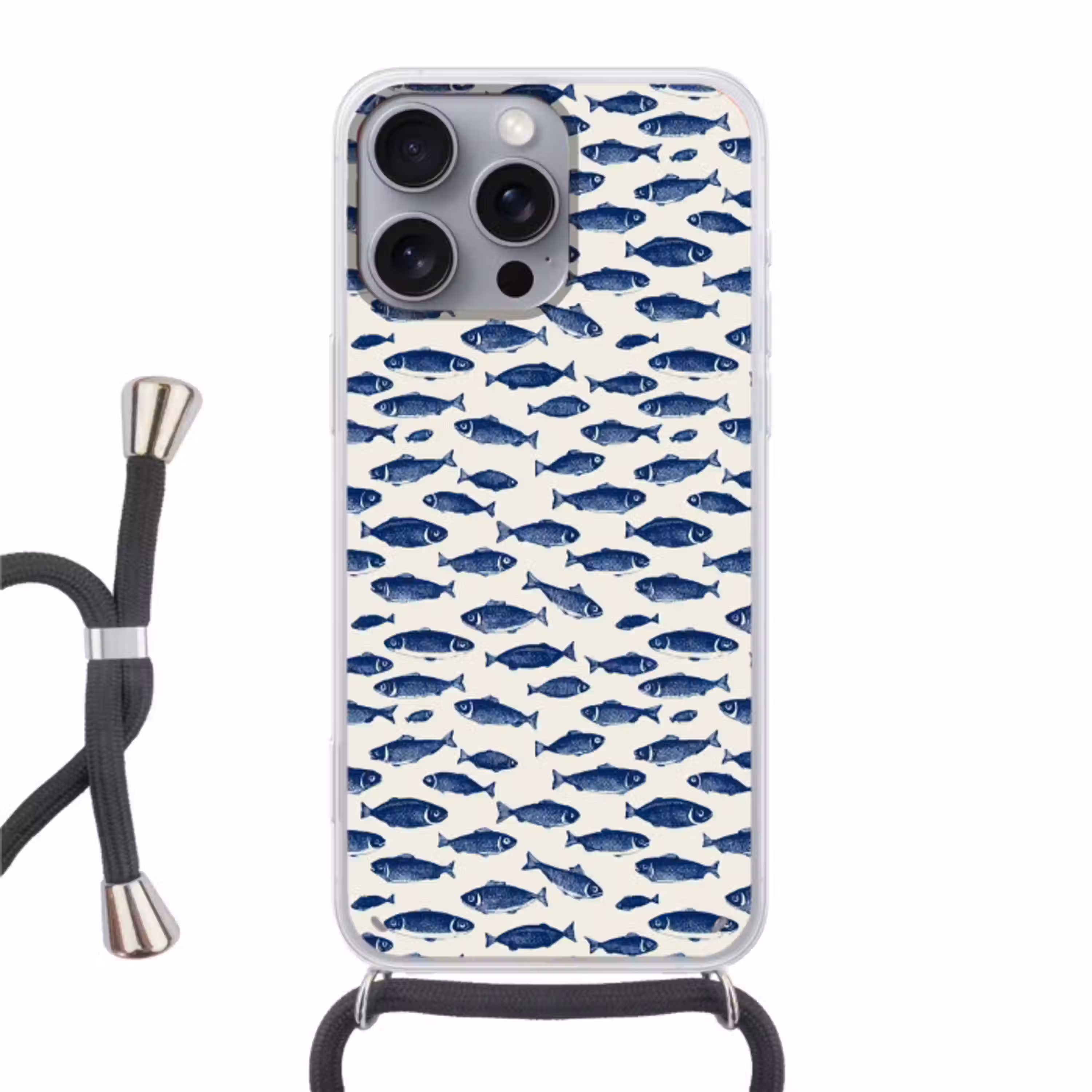 Vissen - Patroon - Blauw - Wit Hoesje iPhone 16 Pro Max met koord klein 804 -3d