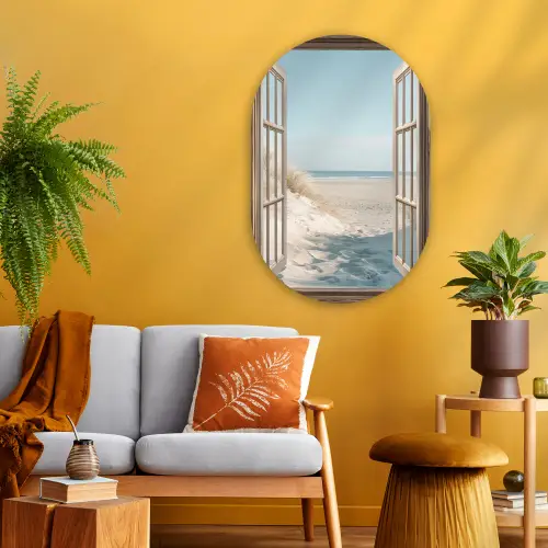 Doorkijk - Helmgras - Duinen - Zee - Landschap Wandcirkel Ovaal Glas middel -sfeer4