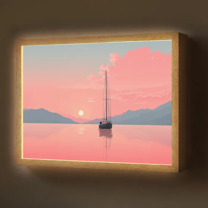 Zeilboot - Roze zee - Zonsondergang - Bergen Light Box met batterij (Wandlamp) middel -z3d_website