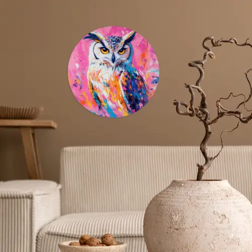 Uil - Roze - Blauw - Verf - Abstract Wandcirkel behangsticker klein -sfeer1