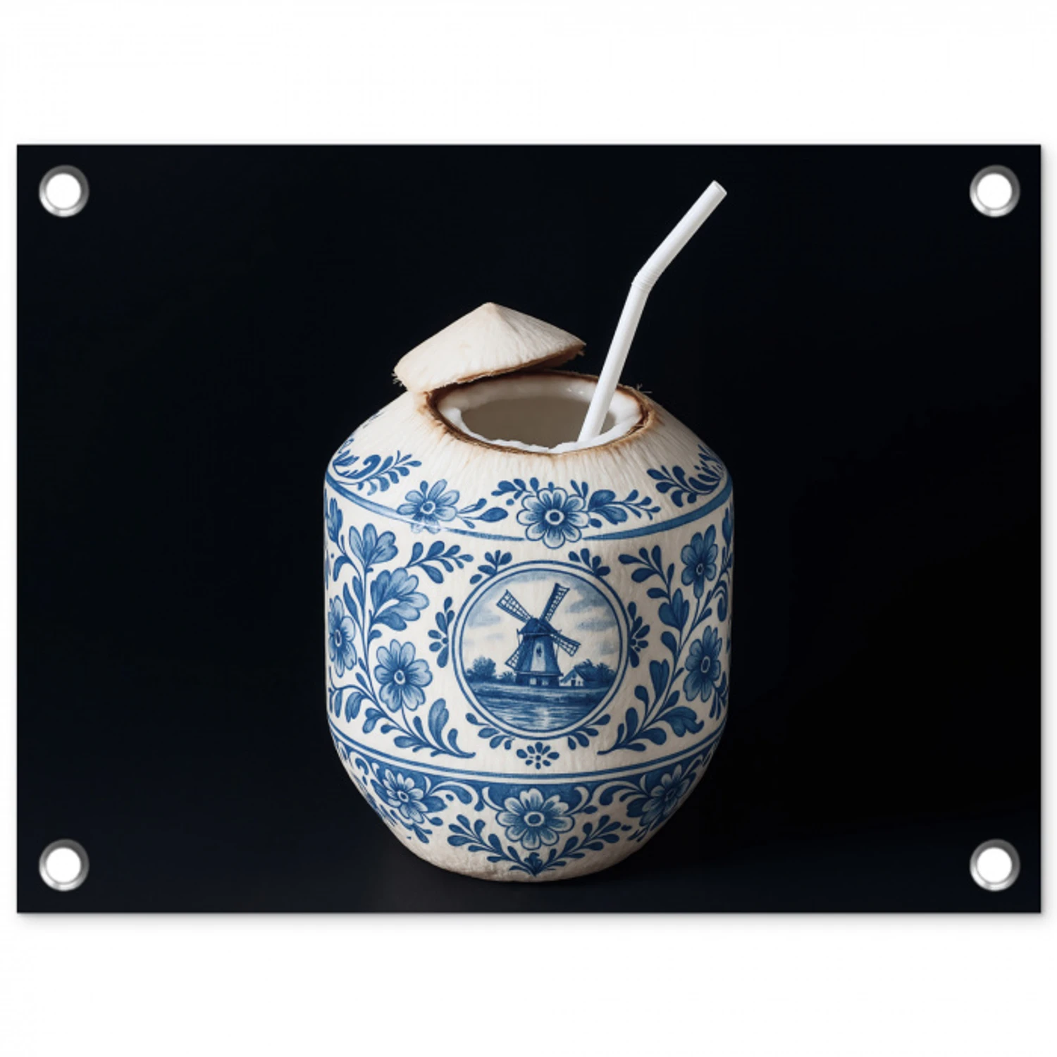 Kokosnoot - Eten - Delfts blauw - Drinken tuinposter los doek klein -3d