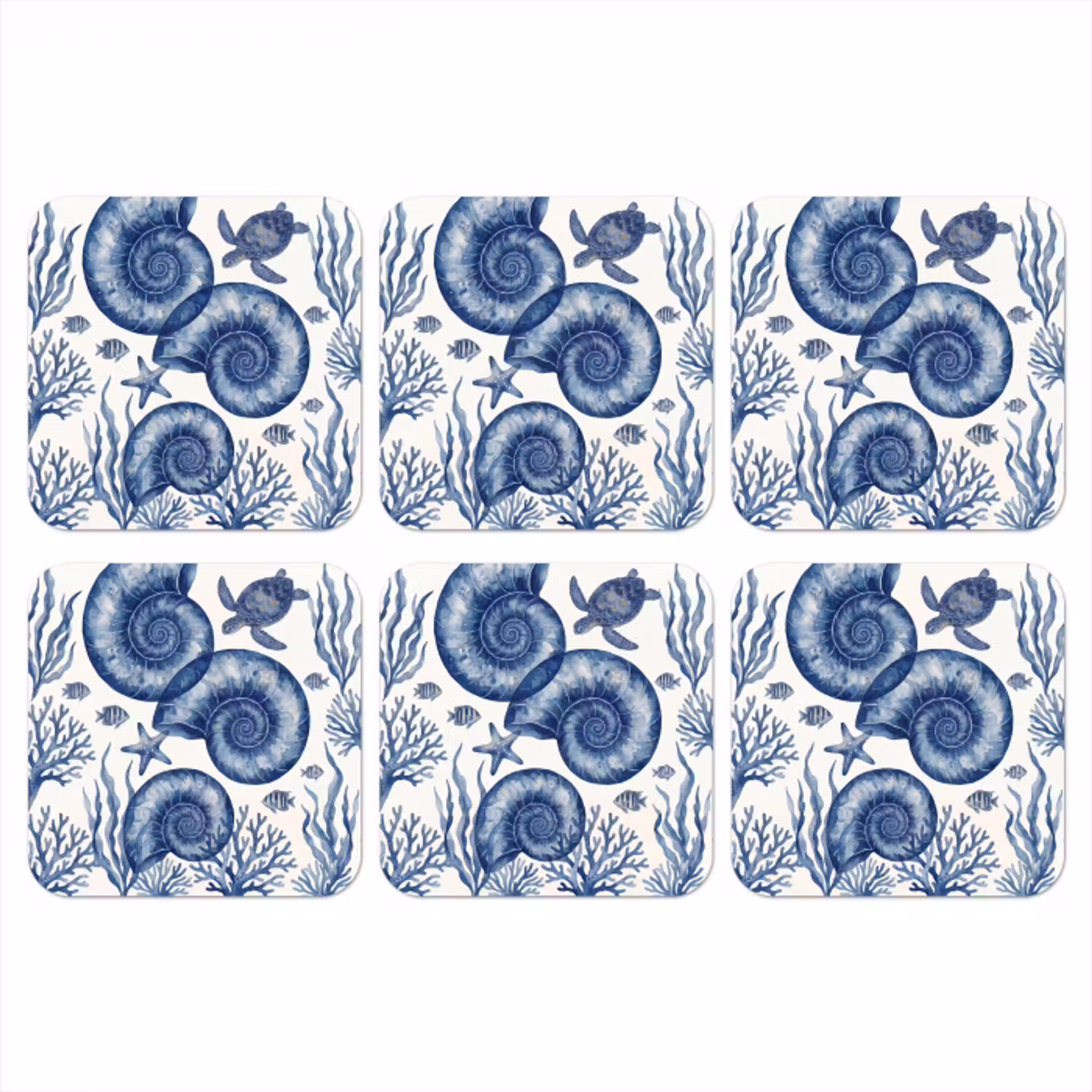 Schelp - Spiraal - Zeeleven - Aquarel - Blauw onderzetter kurk middel -3d