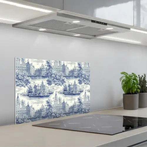 Huizen - Bomen - Water - Vogels - Blauw keuken achterwand spatscherm klein 900 -3d_schuin