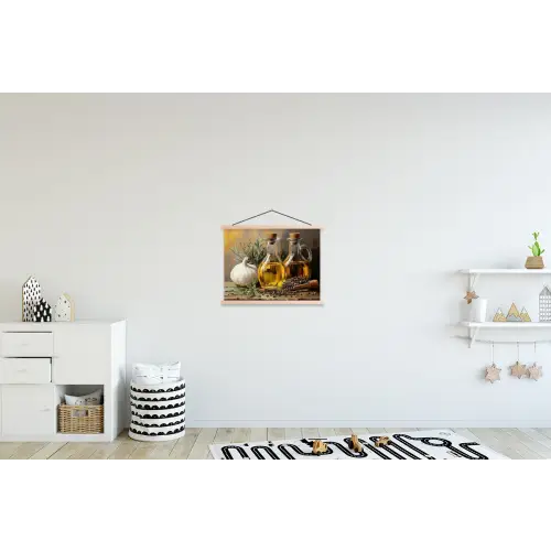 Stilleven - Olijfolie - Knoflook - Kruiden textielposter latten blank klein -kinderkamer