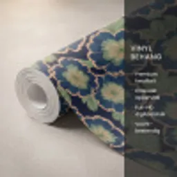 Bloemen - Borduurwerk - Patroon - Blauw - Groen Behang Vinyl klein 1060 -USP_closeupNL
