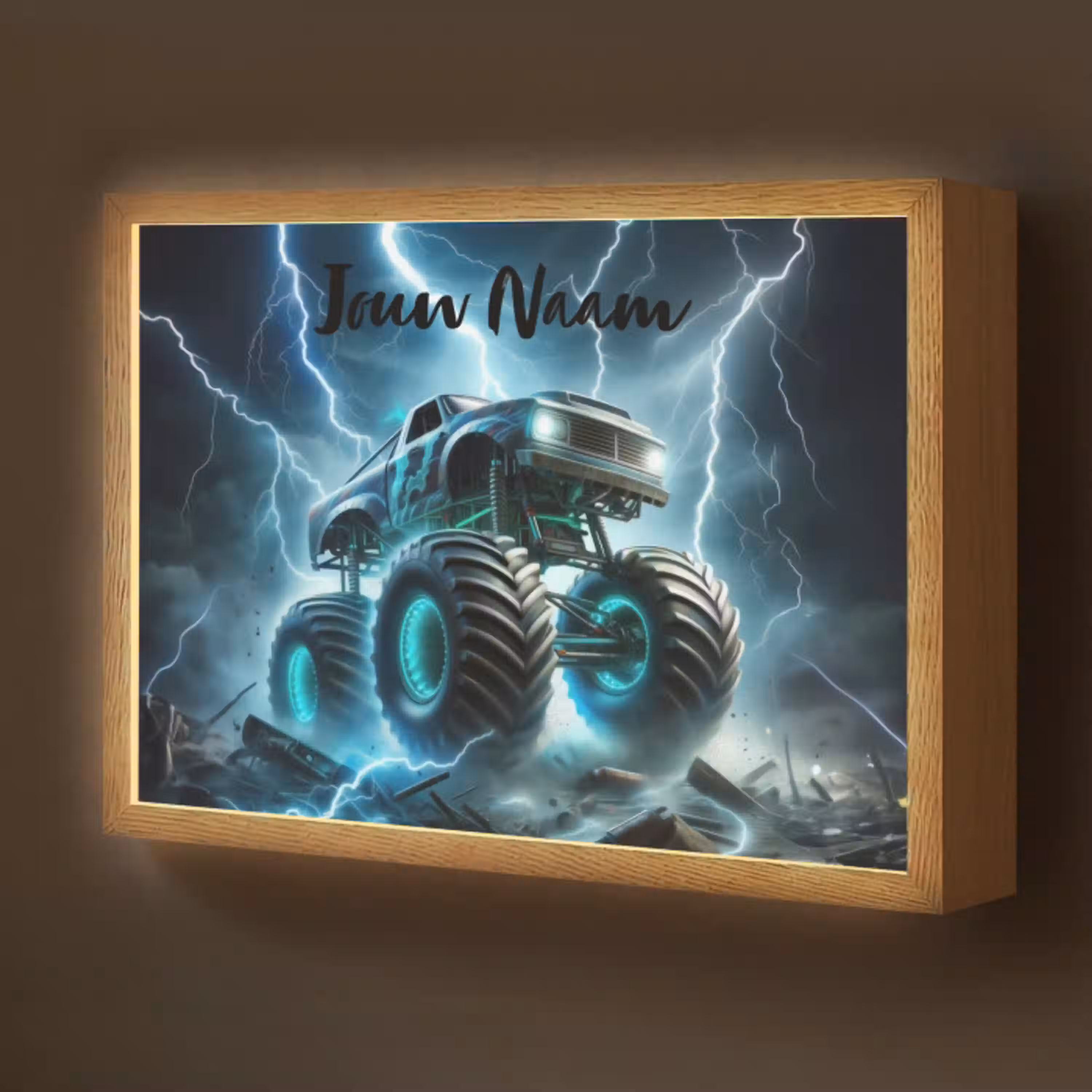 Monstertruck - Bliksem - Blauw - Jongens - Auto Light Box met batterij (Wandlamp kind) middel -z3d_website