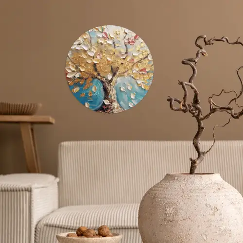 Boom - Blauw - Goud - Abstract - Modern Wandcirkel behangsticker klein -sfeer1