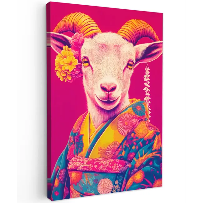 Geit - Hoorns - Kimono - Kleurrijk Tuinposter op houten frame 2 cm dik klein -3d