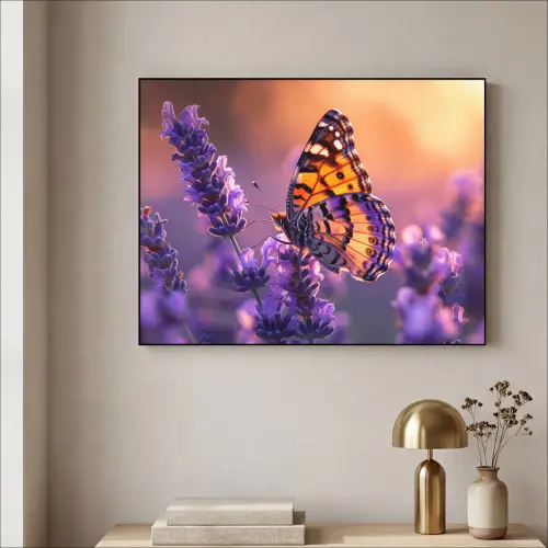 Bloemen - Vlinder - Lavendel - Bloem - Natuur Textielframe zwart klein -sfeer2