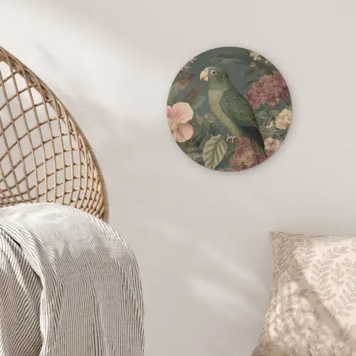 Groene papegaai - Kleurrijke bloemen - Donkere achtergrond Akoestische PET Vilt - Rond klein -sfeer4