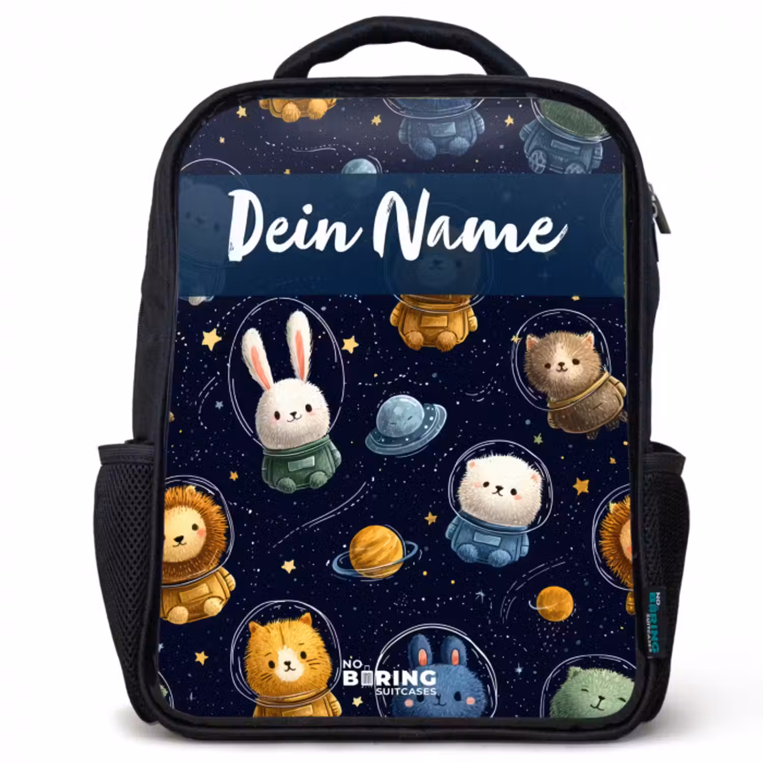 Kinderrucksack mit Namen - Schwarz - Tiere - Astronaut - Planeten - Sterne