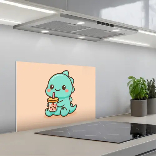 Dino - Boba - kawaii - Oranje keuken achterwand spatscherm klein -3d_schuin