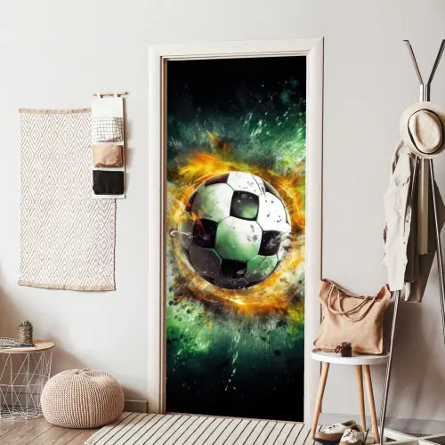 Bal - Voetbal - Groen - Oranje - Rook deurposter klein -sfeer6