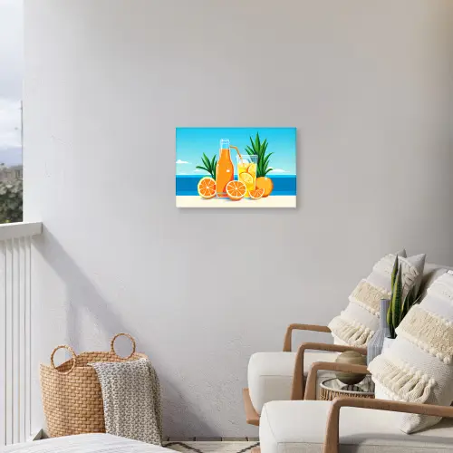 Sinaasappels - Ijsblokjes -  Zee - Illustratie Tuinposter op houten frame 2 cm dik klein -sfeer1