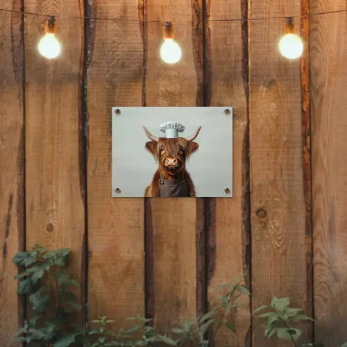 Schotse Hooglander - Bruin - Hoorns - Kokskleding tuinposter los doek klein -sfeer1