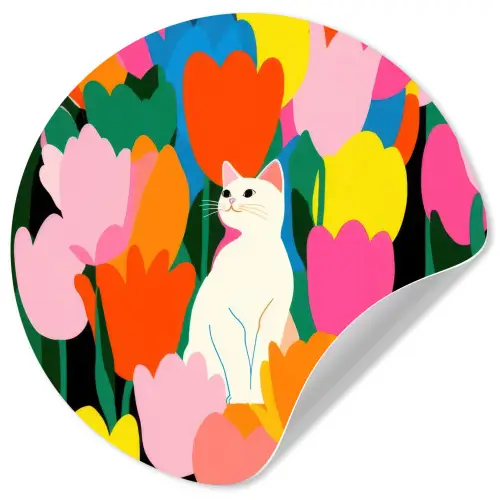 Tulpen - Kat - Kleurrijk Wandcirkel behangsticker klein -3d