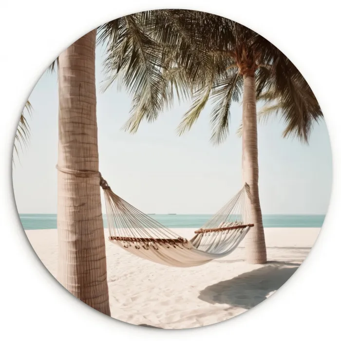 Hangmat - Palmbomen - Strand - Zee Wandcirkel kunststof plaat 5mm dik klein -3d
