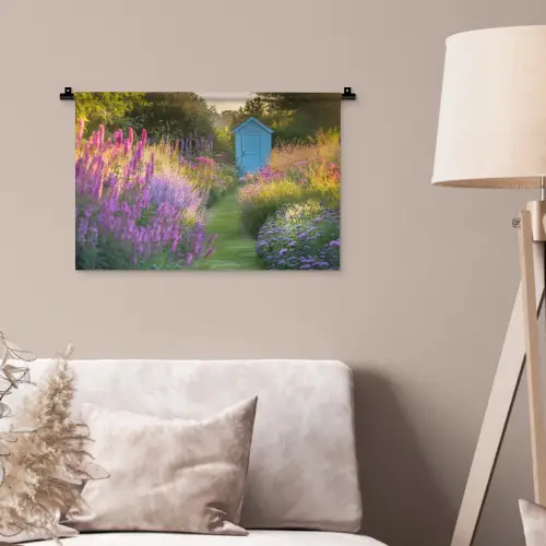 Tuinhuisje - Blauw - Bloemen Wandkleed katoen klein -sfeer4