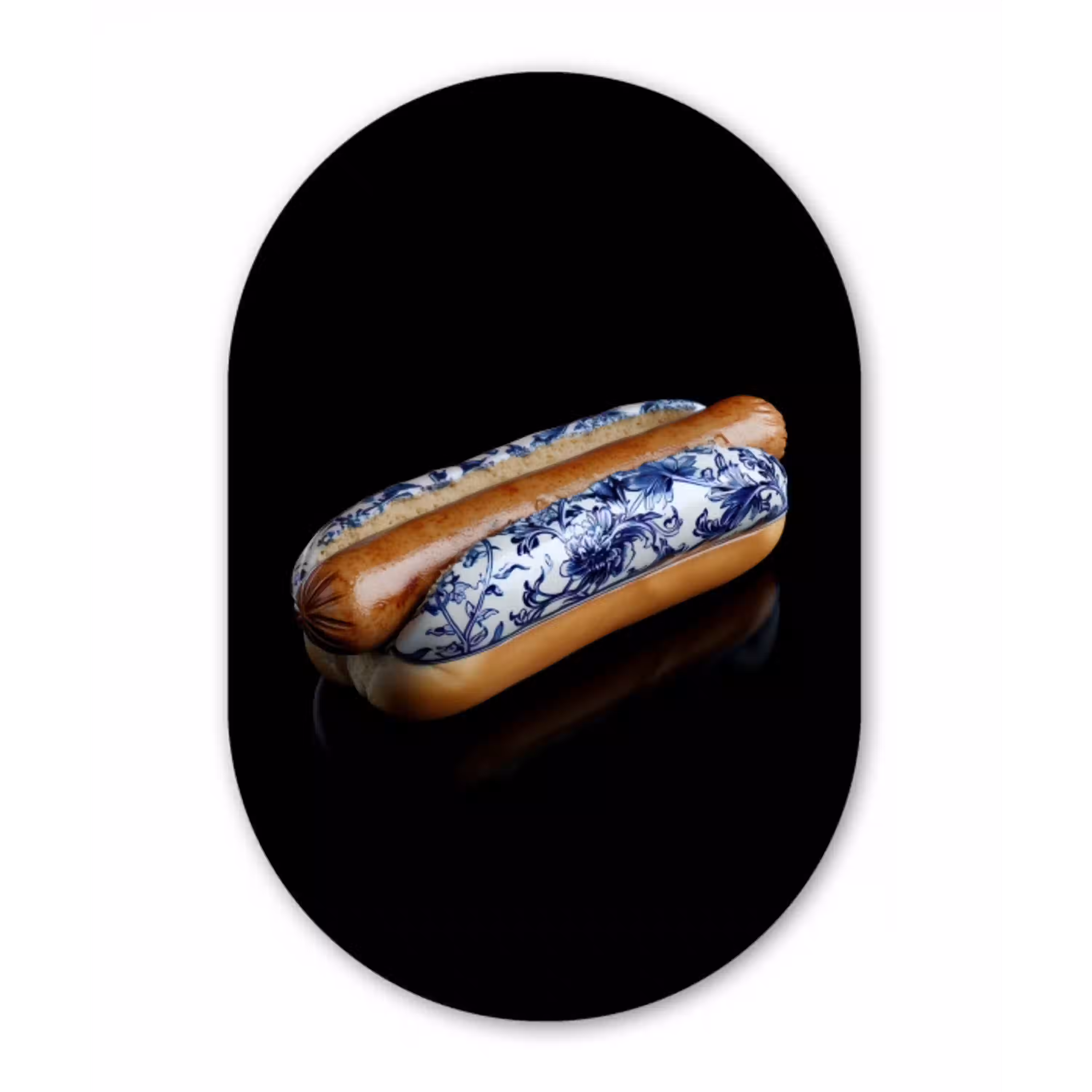 Hotdog - Porselein - Delfts blauw - Eten Wandcirkel Ovaal Glas middel -3d
