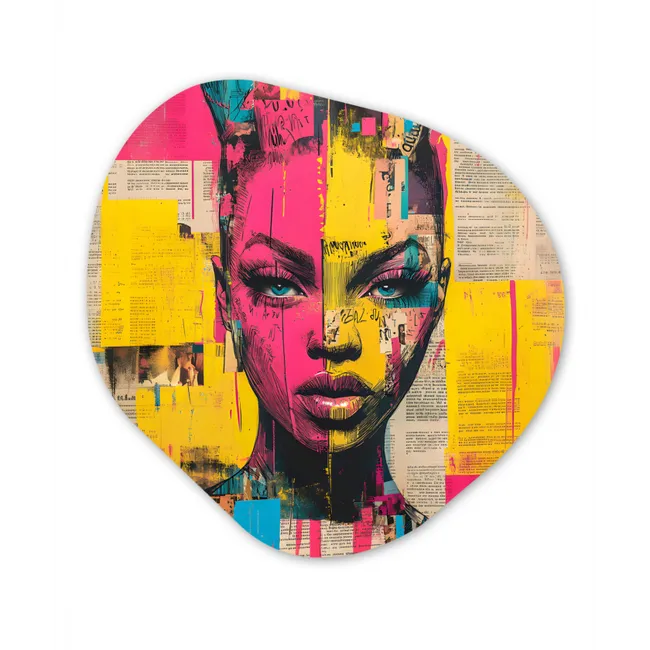 Vrouwengezicht - Krantenpapier - Abstract - Roze Wandcirkel Organisch Forex 3mm klein -3d