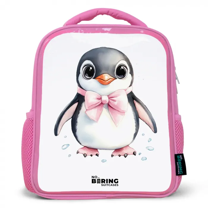 Pinguïn met roze strik en ijsdruppels Kinderrugzak - Roze middel -3d