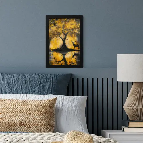 Boom - Verflook - Hert - Natuur - Goud fotolijst zwart zonder passe partout klein -sfeer3