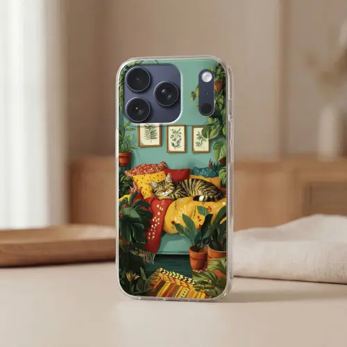 Kat - Planten - Groen Telefoonhoesje iPhone 17 Pro klein -sfeer2