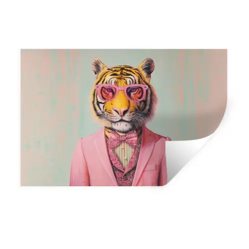 Tijger - Strik - Jasje - Roze Muursticker klein -3d