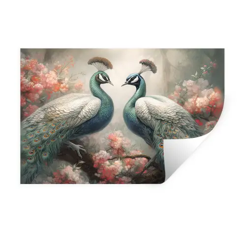 Pauwen - Pauwenveren - Vogels - Bloemen - Natuur Muursticker klein -3d