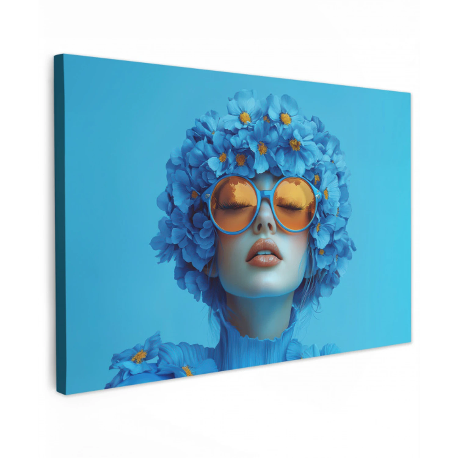 Vrouw - Bloem - Blauw - Modern - Bril - Portret Tuinposter op houten frame 2 cm dik klein -3d